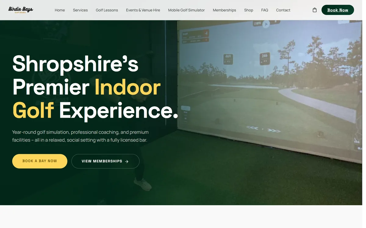 The Birdie Bays Golf Studio homepage, built by Woodwise Media