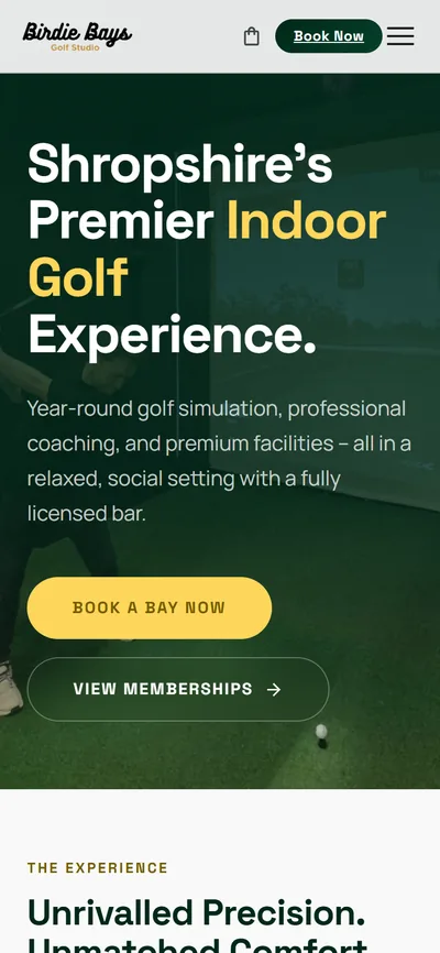 The Birdie Bays Golf Studio homepage on a phone, built by Woodwise Media