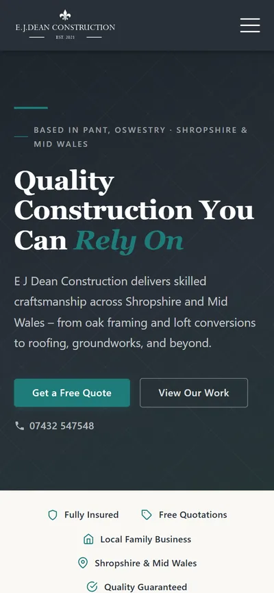 The E.J. Dean Construction homepage on a phone, built by Woodwise Media