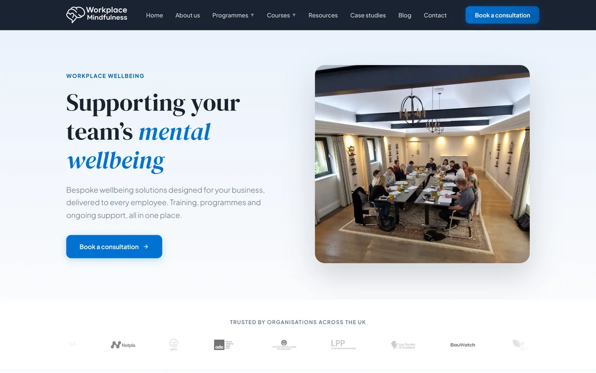 The Workplace Mindfulness homepage, built by Woodwise Media