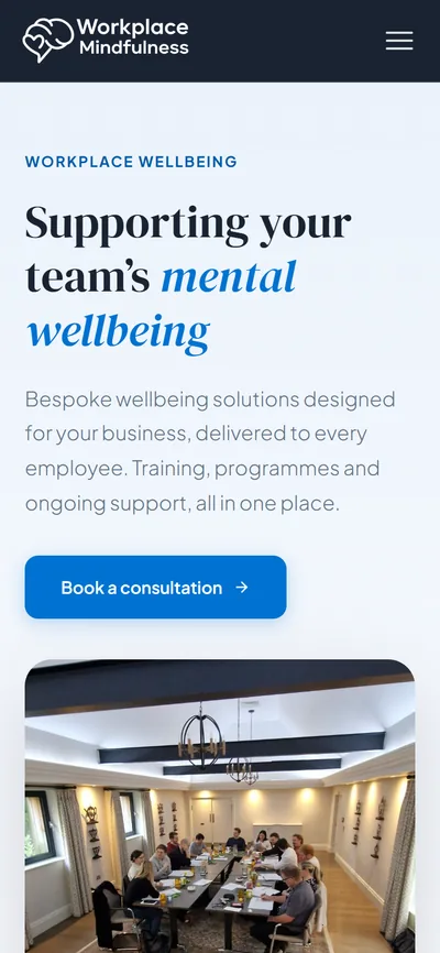 The Workplace Mindfulness homepage on a phone, built by Woodwise Media